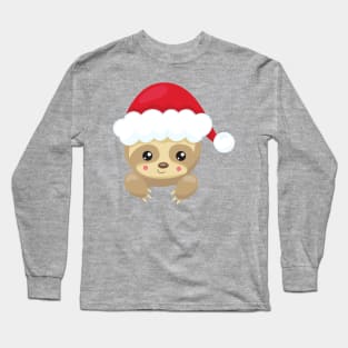 Christmas Sloth, Cute Sloth, Santa Hat, Xmas Long Sleeve T-Shirt